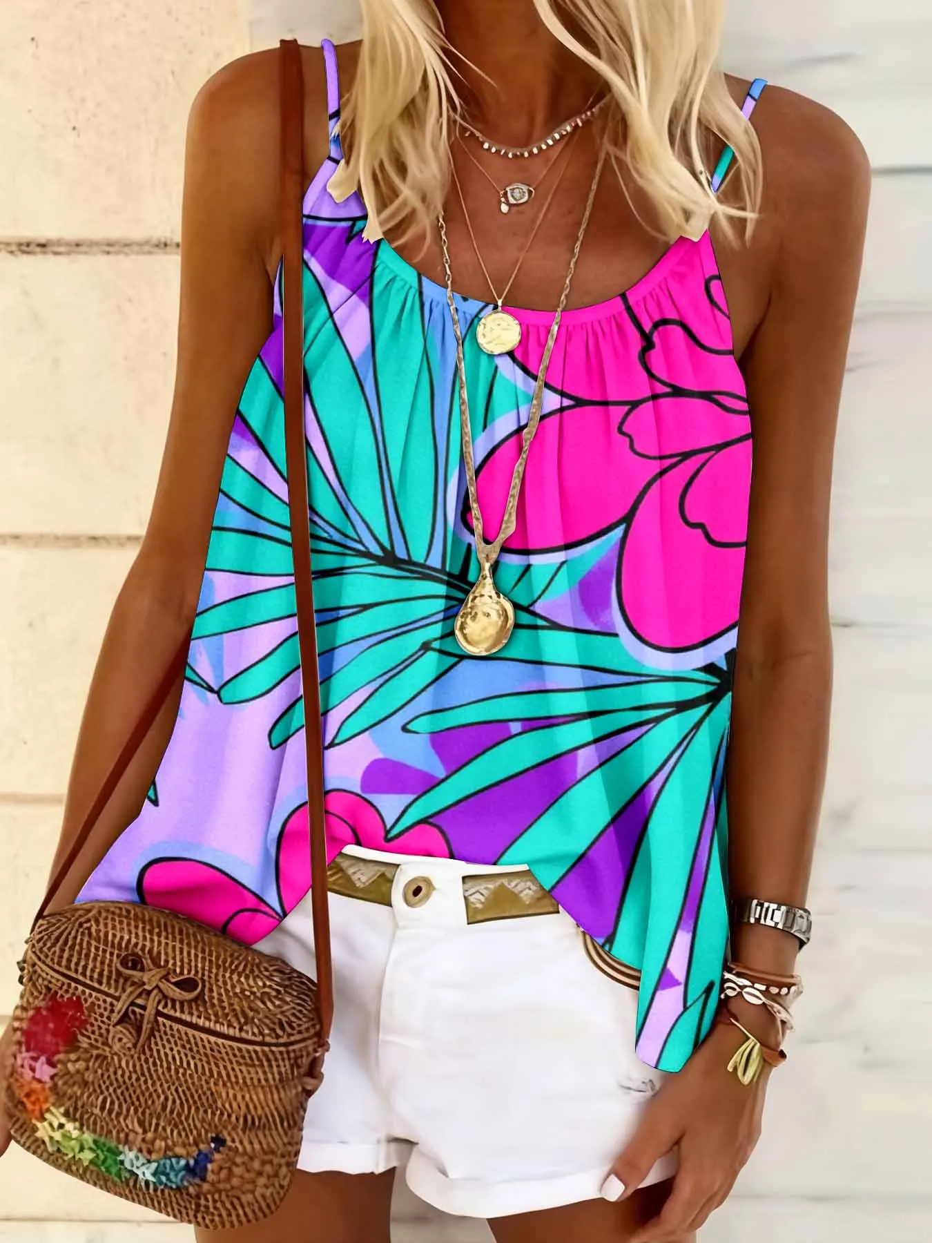 Sommerliches, lockeres Camisole-Top mit Rundhalsausschnitt, bequem, hautfreundlich, lässig, vielseitig, temperamentvolles Oberteil für Damen – Detail 10