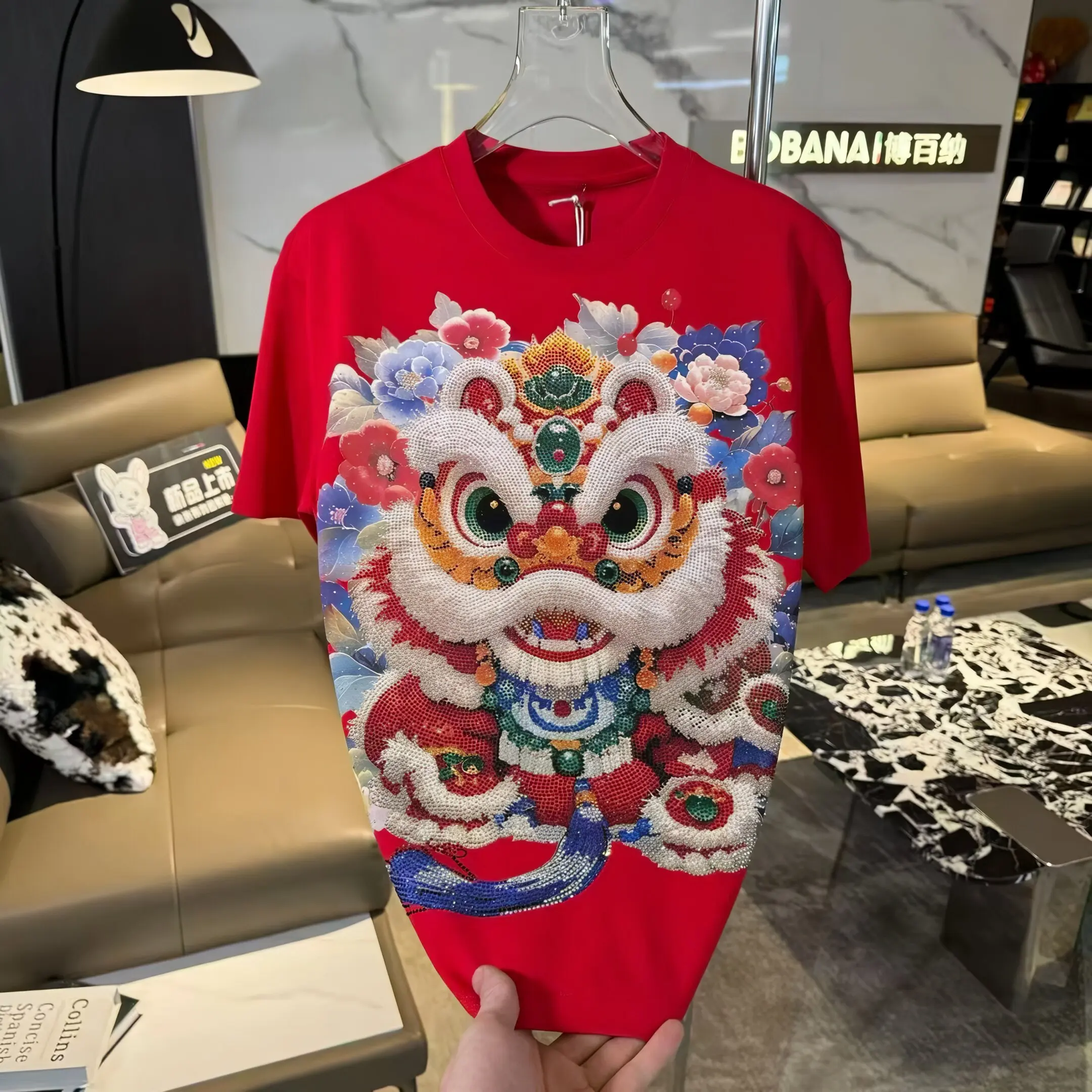 Chinese Wind Cartoon Hot Diamonds Male T-shirt Large Size Round Neck Pullover Top Streetwear All-match Casual Men's Basic Tees