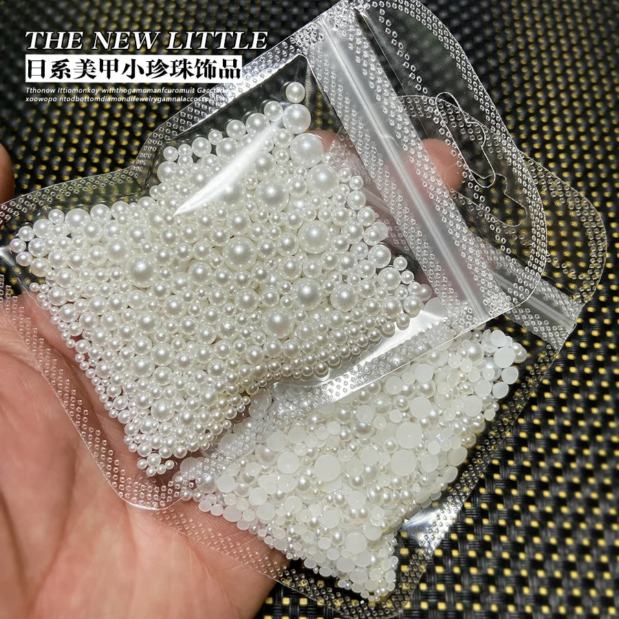

200-1200pcs/bag Pearls White Nail Beads Rhinestone Half Round Mixed Size Beige Flatback Pearls For DIY Manicure Decoration Bead