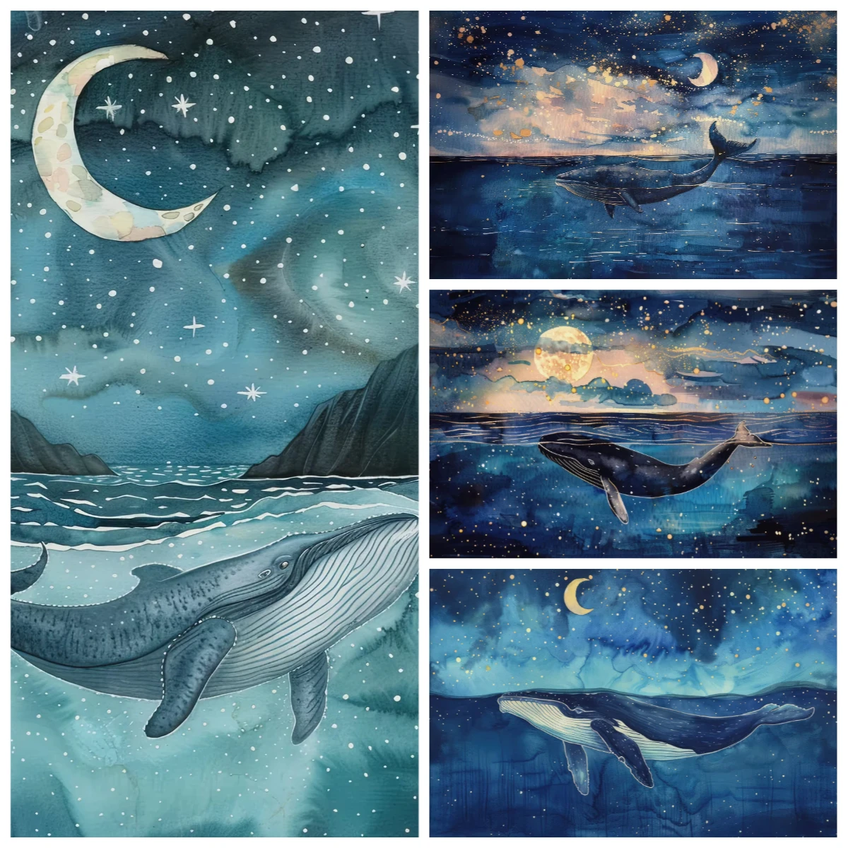 Moonlit Ocean Whale Sailboat Watercolor Art Paper Jigsaw Puzzle Calm Sea Landscape Creative Hobby Gift For Puzzle Enthusiasts