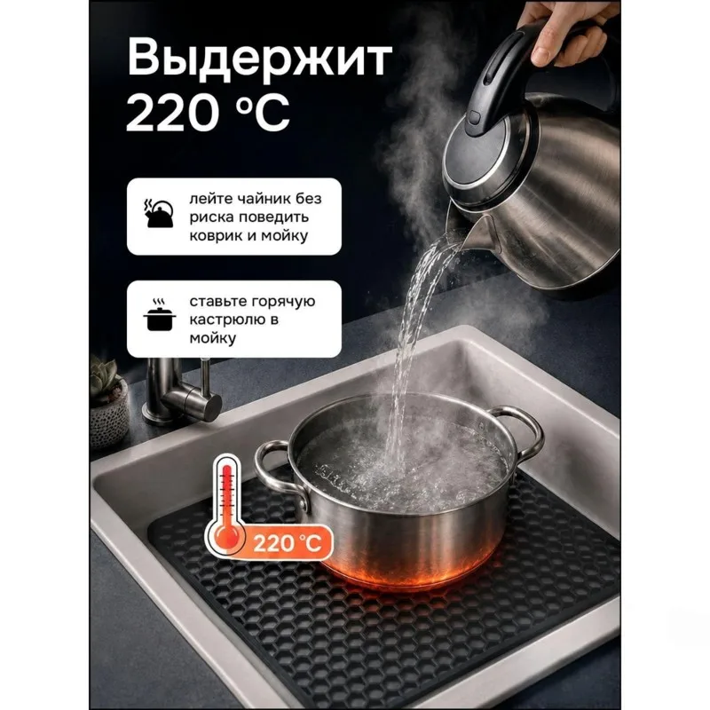 ABRU-Non-Slip Silicone Sink Mat 30.5X30.5 Cm, 1 Pc, Dark Gray- Compact Square Kitchen Sink Protector, Scratch-Resistant