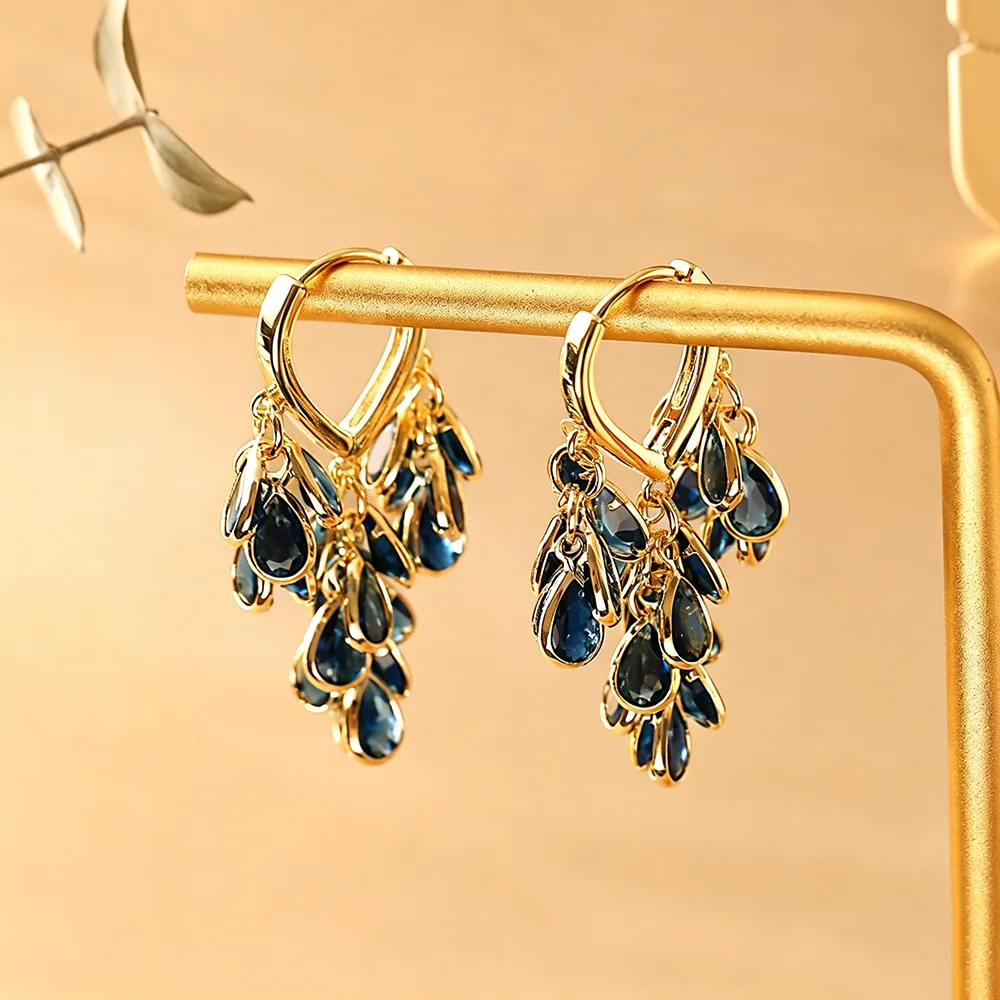 Vintage Light Tone Blue Zircon Water Drop Tassel Dangle Earrings Super Fairy Elegant Unique High-end Fashion Ear Jewelry for Wom