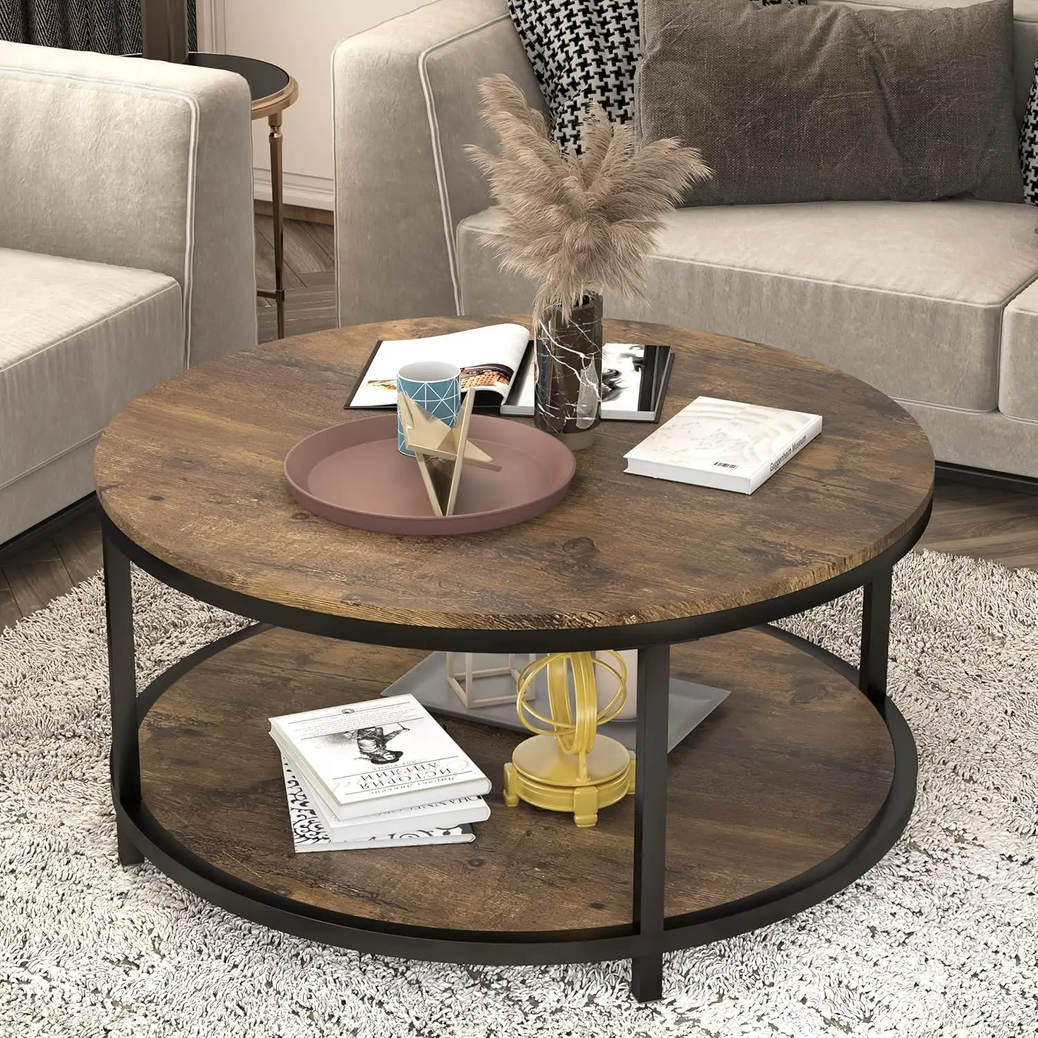 Mesa de centro redonda de 36 pulgadas, mesa de sofá industrial para sala de estar con patas de metal resistente, diseño moderno con almacenamiento (marrón)