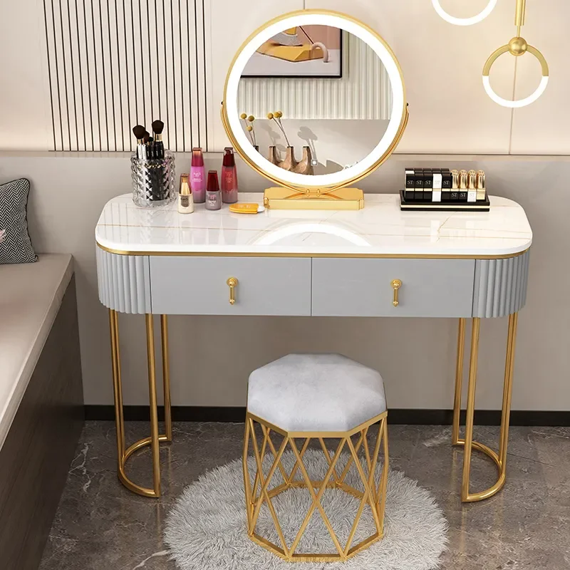 Tocador de lujo minimalista para dormitorio, mesa de maquillaje, taburete de tocador, luz multifunción, lámpara, muebles