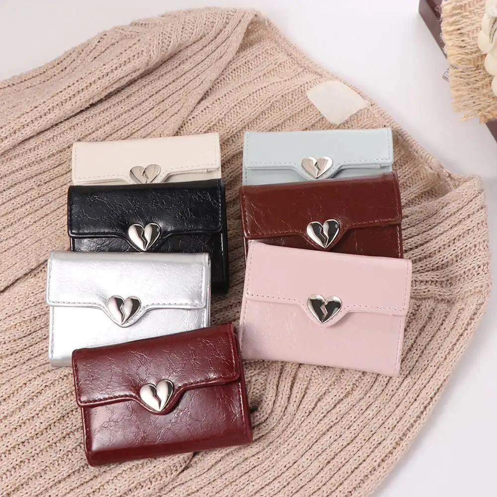 Ins Korean Crack Heart Wallet Short PU Leather Women's Leather Wallet High Quality Fold Student Purse Ladies