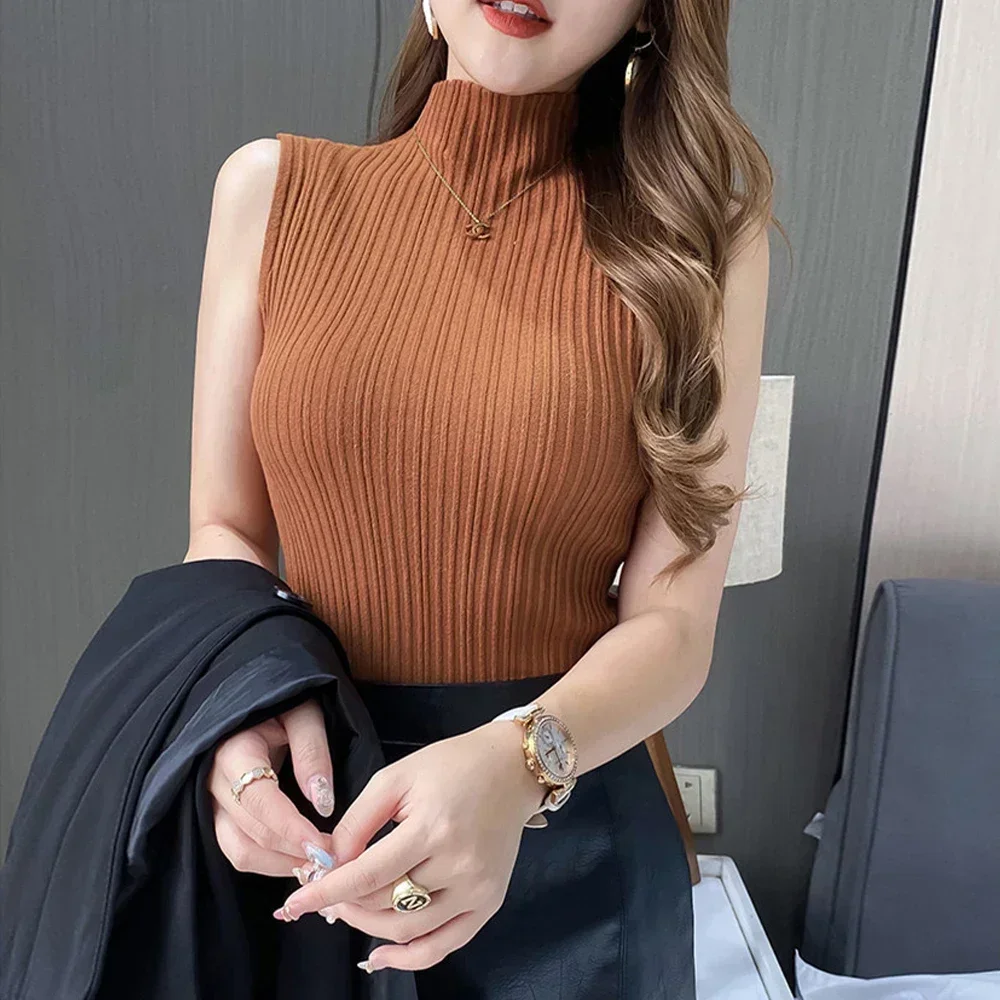 Woman Knit Tank Sleeveless T Shirt Blouses S-XL Women High Neck Knitted Blouse Medium Strecth Ladies Clothes Womens Sweater Tops