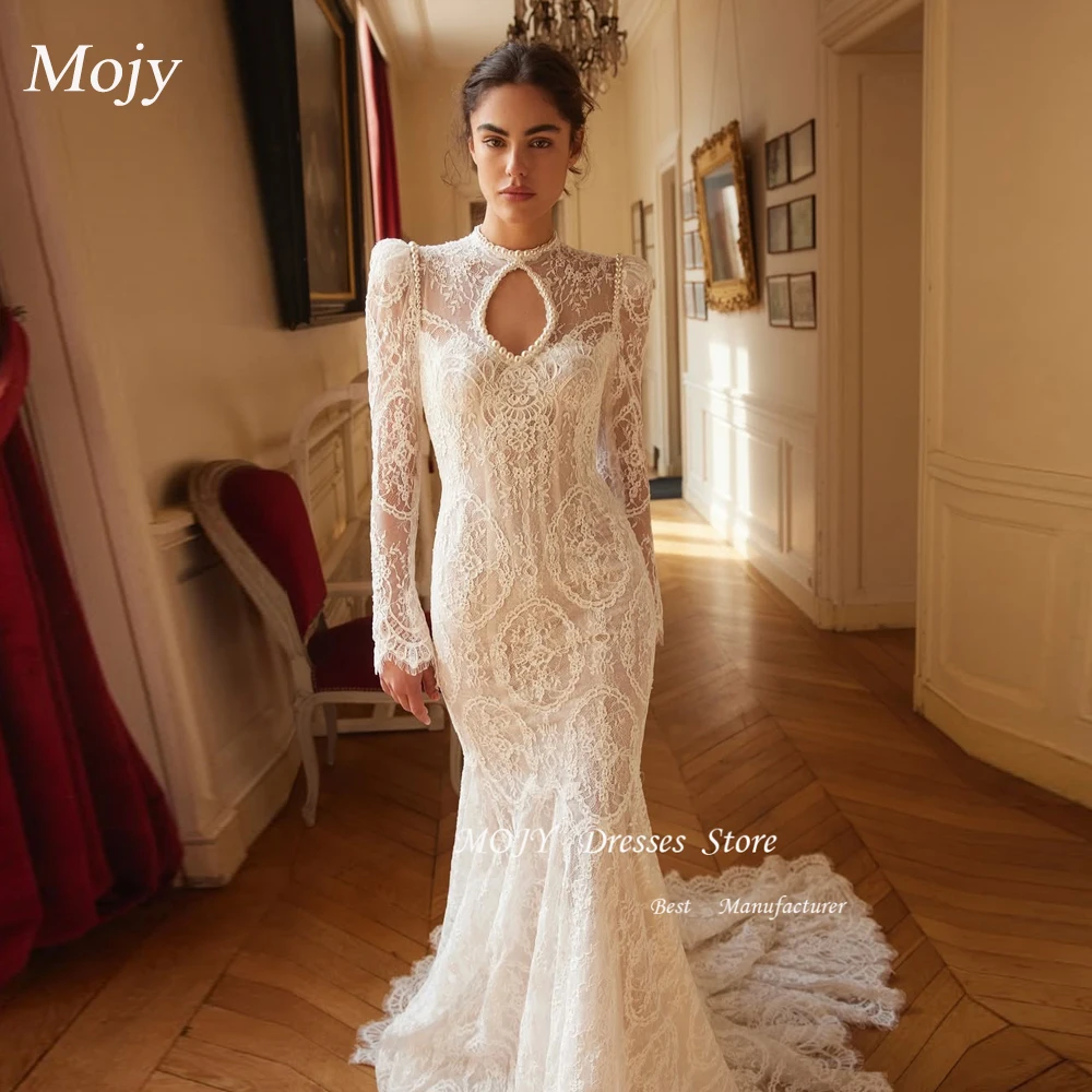 Mojy suknie ślubne w stylu vintage perły aplikacje koronkowa suknia ślubna z długim rękawem pociąg typu Sweep Vestido De Noiva dostosowane
