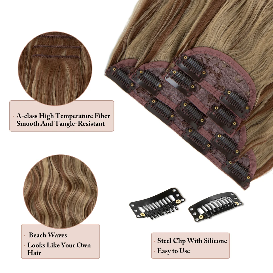 SARLA 4 piezas/set Sintético Largo Ondulado Clip en Extensiones de Cabello 22" Grueso Postizo para Mujer Marrón Rubio Negro Natural Falso Cabello 4