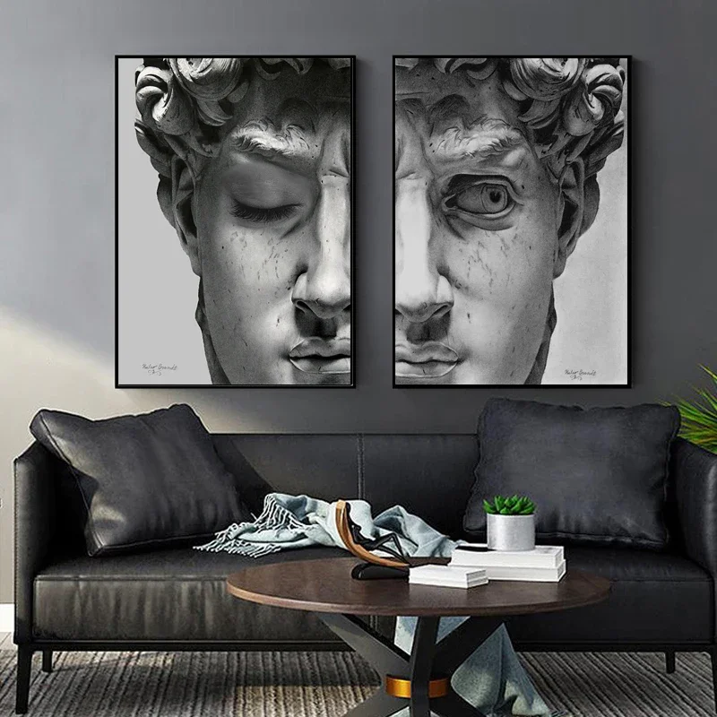 Retro Renaissance David Solid Sculpture Canvas Paintings Half A Face Portrait Print Posters Art Pictures for Room Wall Decor