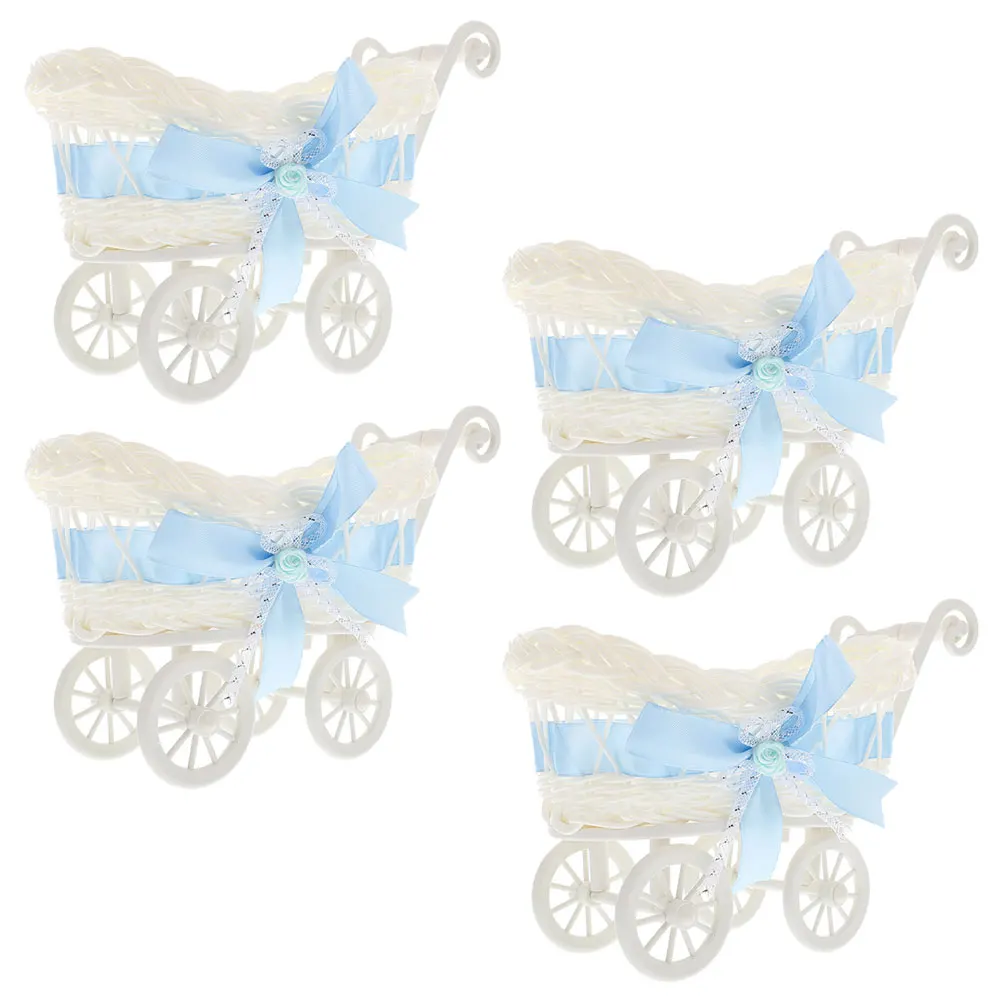 

4pcs Pink Woven Trolley Baskets Imitation Rattan Baby Stroller Ornaments Wedding Candy Flower Decorations Home Accessories