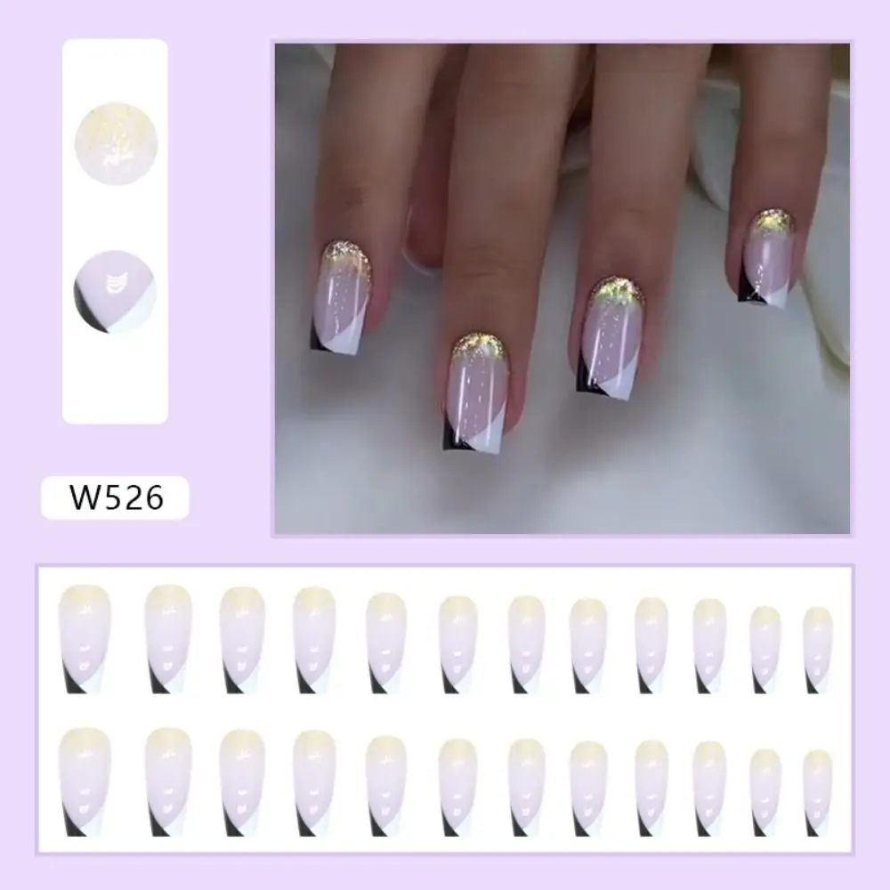 24 pz Ballerina francese unghie finte foglia bordo bianco copertura completa unghie finte premere sulle unghie fai da te staccabile oro polvere Nail Art