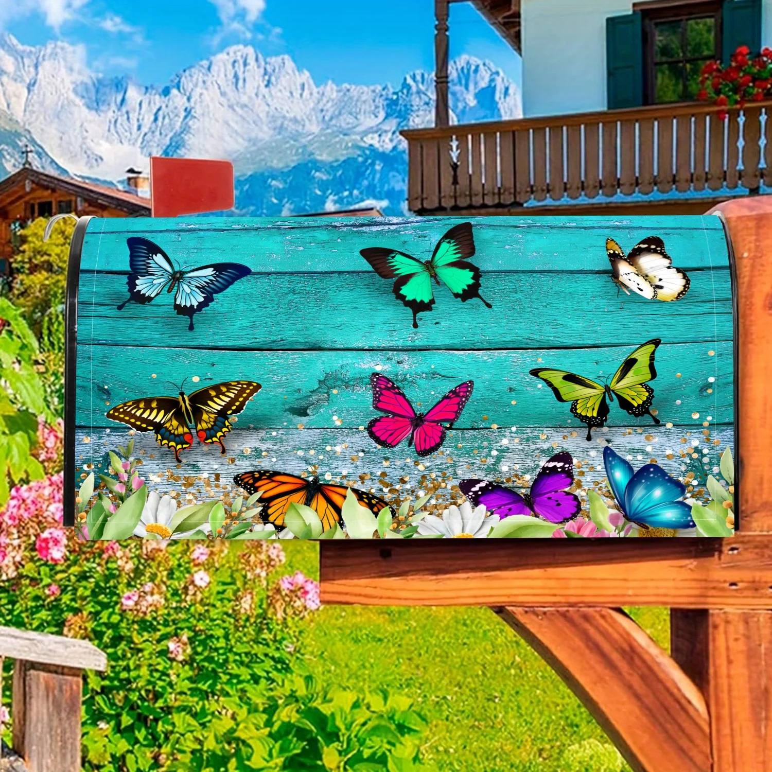 1pc Colorful butterfly and wood grain mailbox cover,suitable for outdoor mailbox decoration for spring,summer, yards and gardens