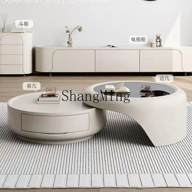 

CL Coffee Table Cream Cute Round Solid Wood Rock Plate Combination Set Pull-out Coffee Table Living Room
