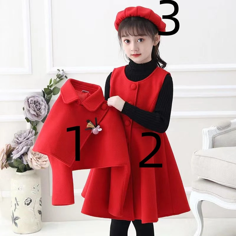 Girl Autumn Winter Dress Set Ethnic Style Little Girl three Piece Woolen Dress Performance korean Children\'s Clothing