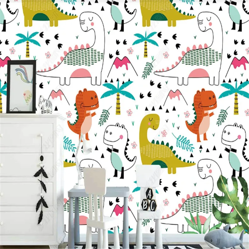 Plants Small Fresh Wallpaper for Kid's Room Hand Drawn Cartoon Dinosaur Children's Room Background Wall Papers Home Decor Mural