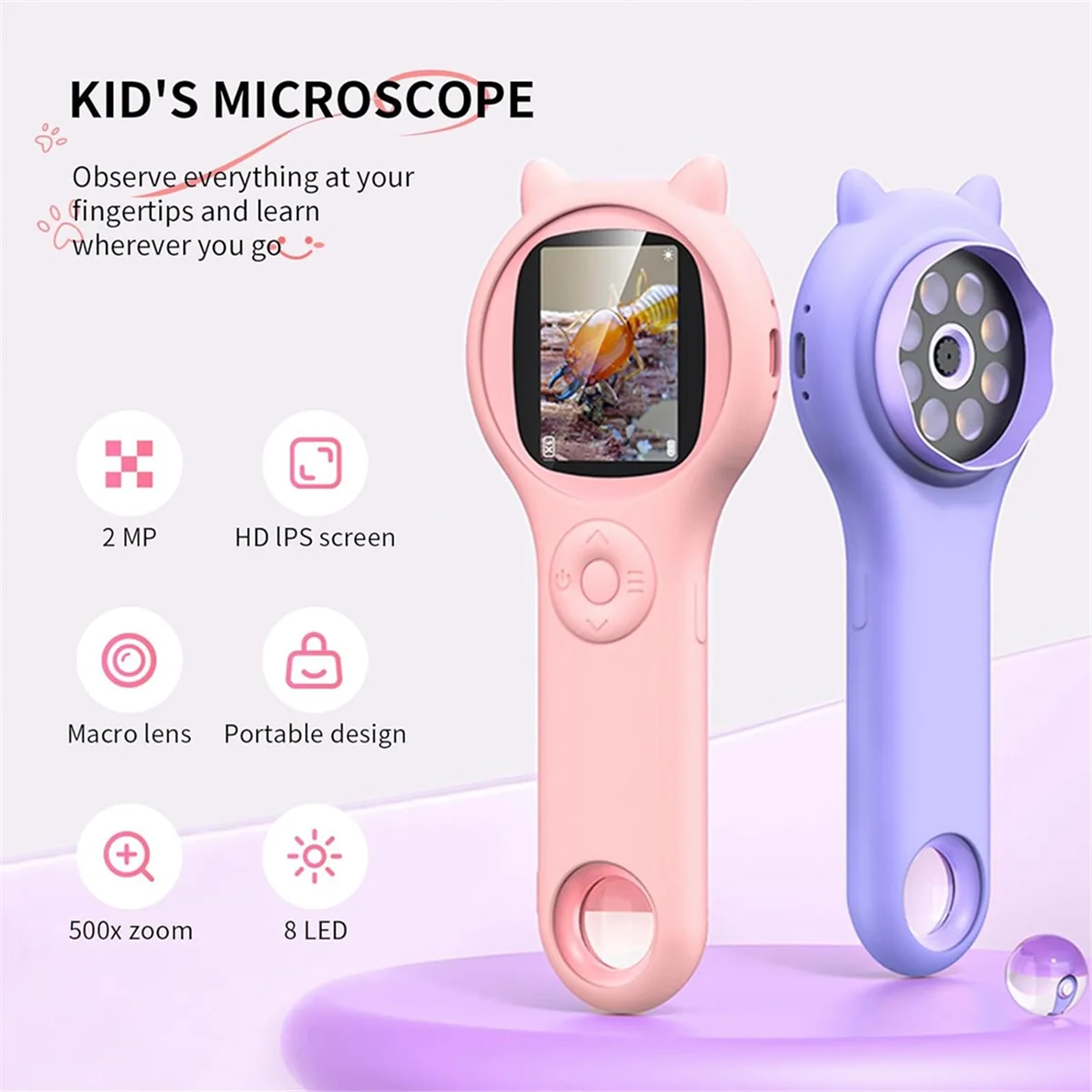 Microscopio para niños - Lupa portátil de mano Microscopio digital para niños Juguetes científicos educativos Rosa