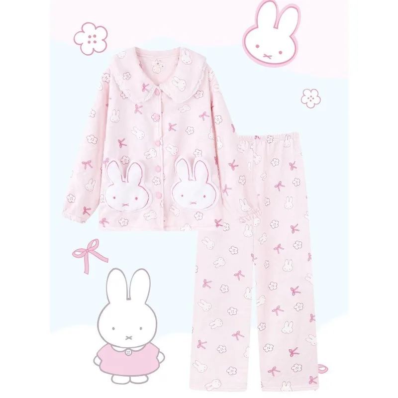 

New Kawaii Miffy Blue Miffy Rabbit Pink Plush Thick Autumn Winter Doll Neck Pajama Cute Cartoon Girl Gift