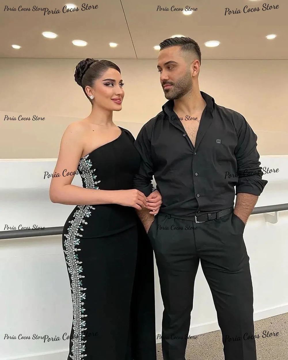Maßgeschneidertes Abendkleid mit einer Schulter und langen Ärmeln, Meerjungfrau, sexy, rückenfrei, formelle Party, schwarze Abendkleider für Frauen, Saudi-Arabien – Detail 6