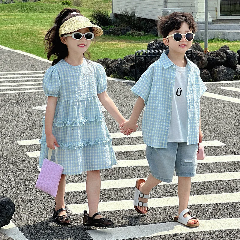 Summer Kid Brother Sister Set Muslin Toddler Girl Plaid Bubble Short Sleeve Beach Dress Vacation Shirt 2PCS Outfit Siblings Look