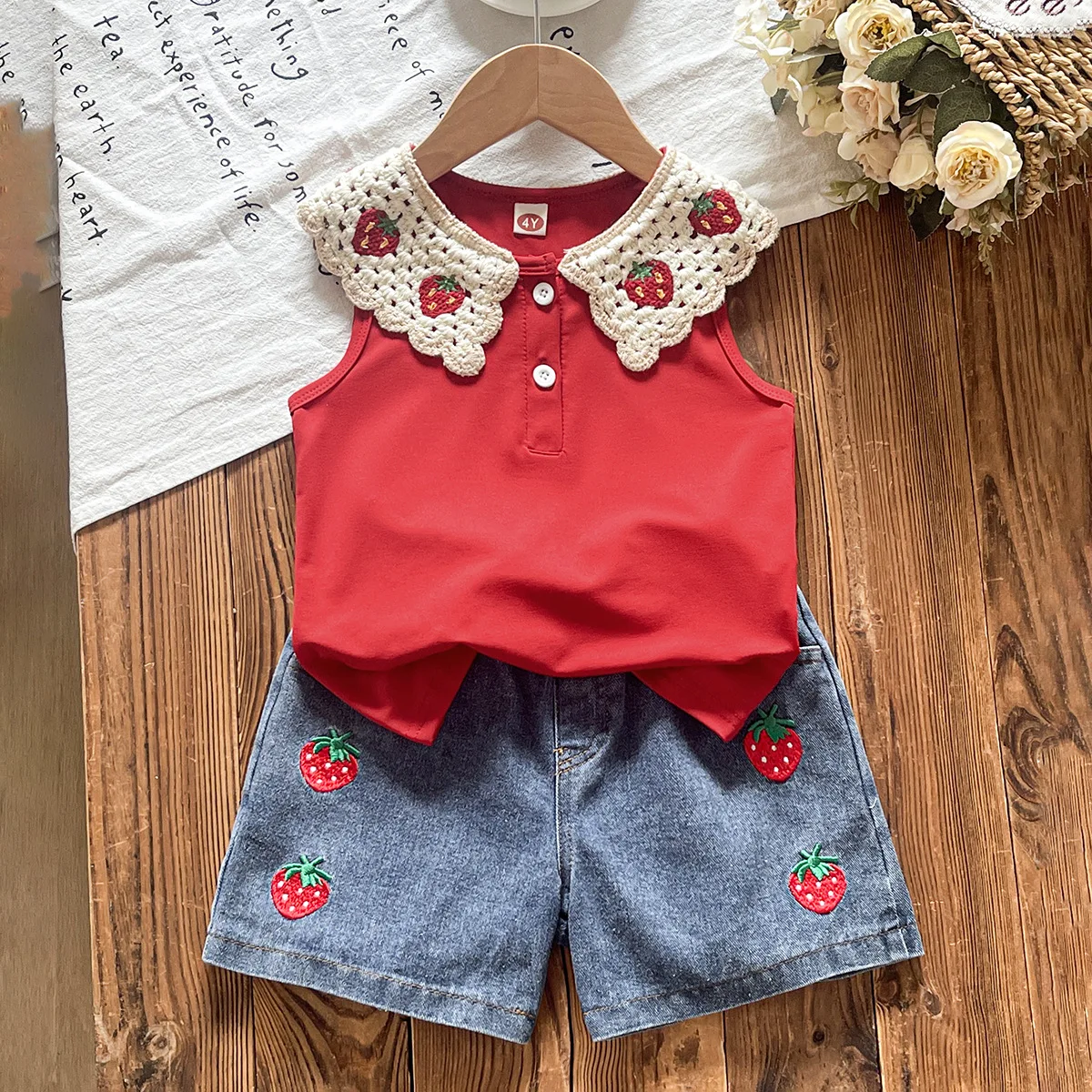2026-new-cute-girls-2-piece-set-solid-strawberry-top- embroidered-denim-shorts-outfit-for-4-8y