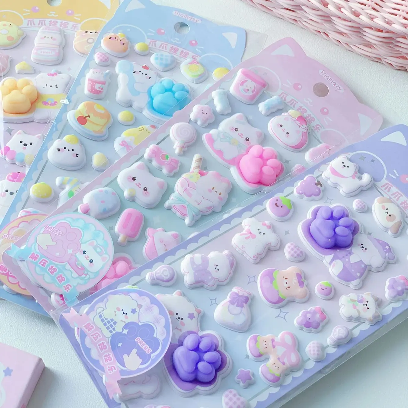 Kawaii 3D Puffy Cat Paw Stickers, Cute Cartoon Animal Desser