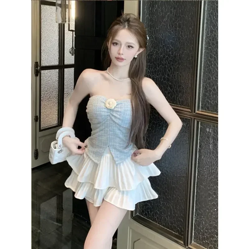 

Thai Style Strapless Vest Top Women's Outerwear Spring Summer Hot Girl One Shoulder French Bustier Design Sweet
