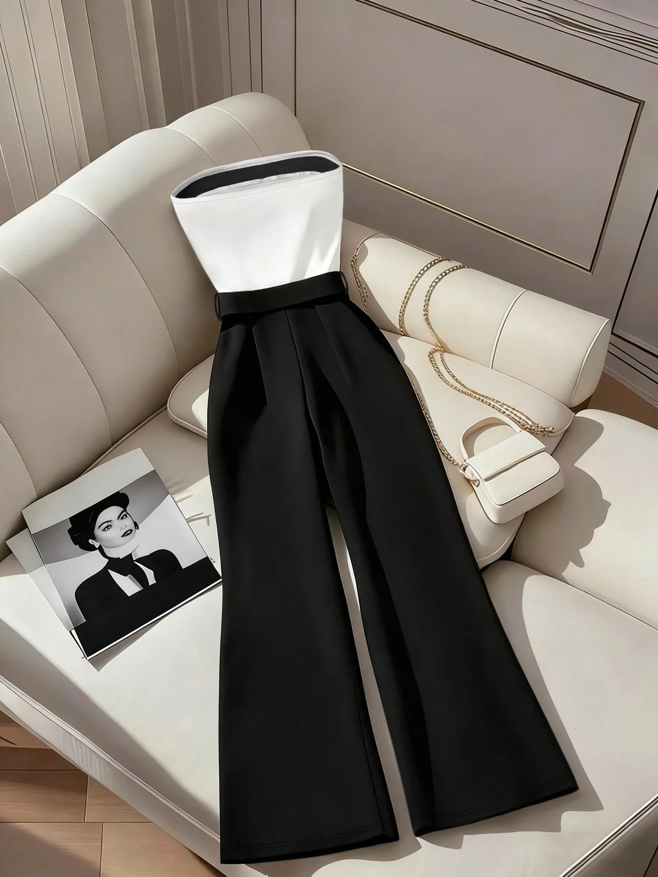 Womens Black And White Jumpsuit Full Side View