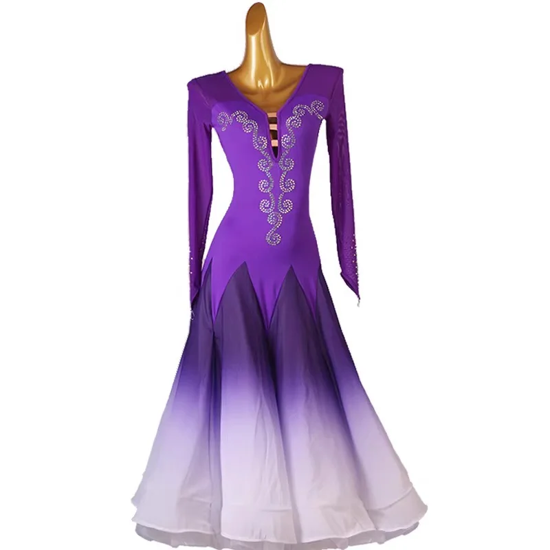 Ballroom Competition Dance Dresses Women Advanced Long Sleeve Standard Ballroom Dancing Wear Adult Purple Waltz Ballroom Dress