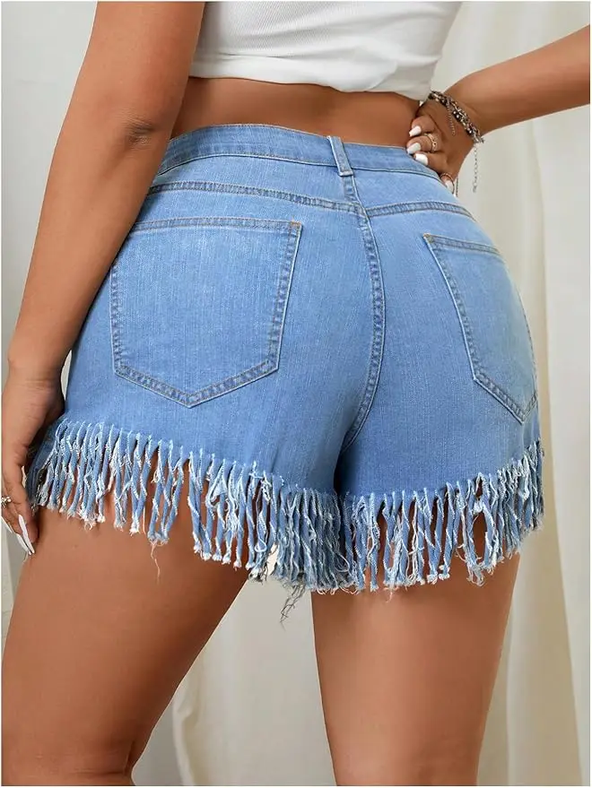 

ZMTUO Women's Plus Size Denim Shorts High Waisted Fringe Hem Casual Summer Outfits Y2K Trendy Beach Wear Jeans