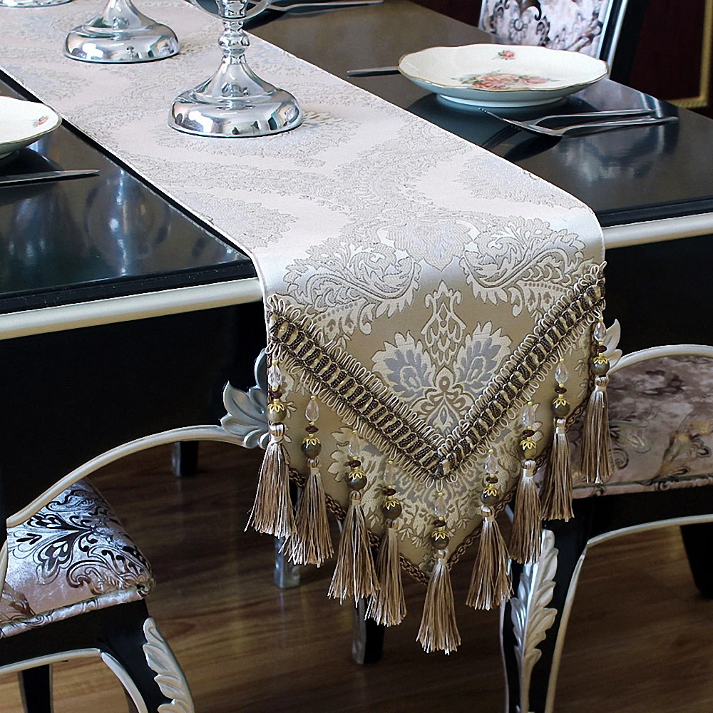 Upscale Luxury  Tassel Pendant Table Runner High Density Embroidered Jacquard Tablecloth European Cabinet Dining Table Cover