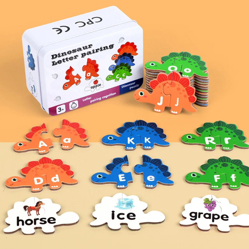 Juego de Rompecabezas de Dinosaurios, Tarjetas de Letras del Alfabeto de Madera, Juguete Educativo para la Lectura Temprana, Ortografía, Habilidades Motoras Finas, con Caja de Metal