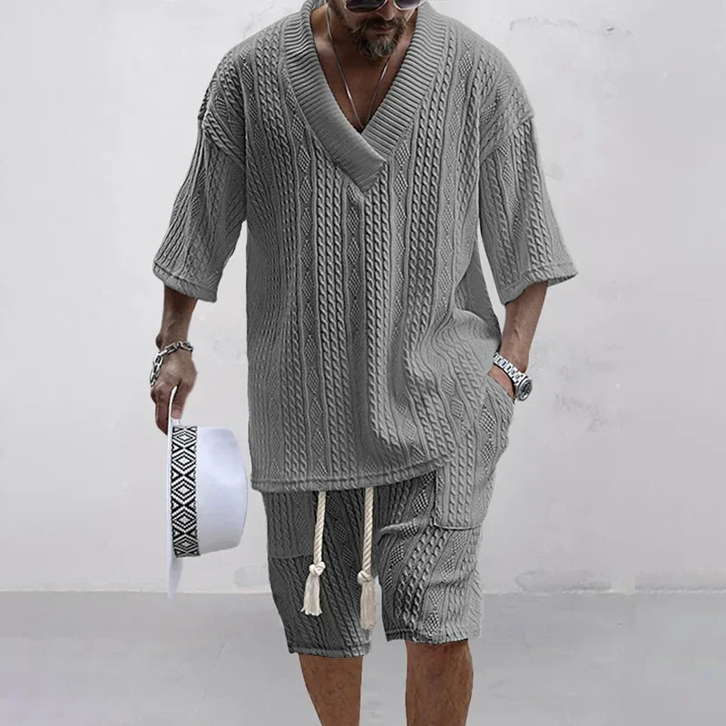 2024 Summer Casual Shorts Set Knitted Two Piece Men\'s Clothing V-Neck Short Sleeve T-shirt and Shorts Streetwear Knit Outfits