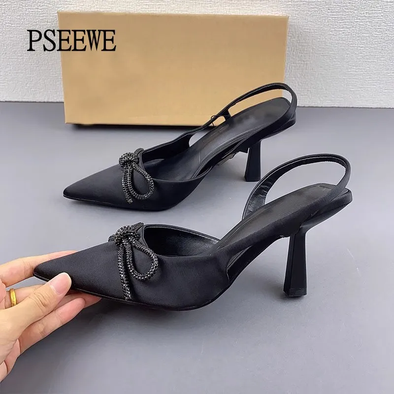 PSEEWE-zapatos de tacón alto con lazo negro para mujer, sandalias elegantes de oficina con talón descubierto, a la moda, para verano, 2024