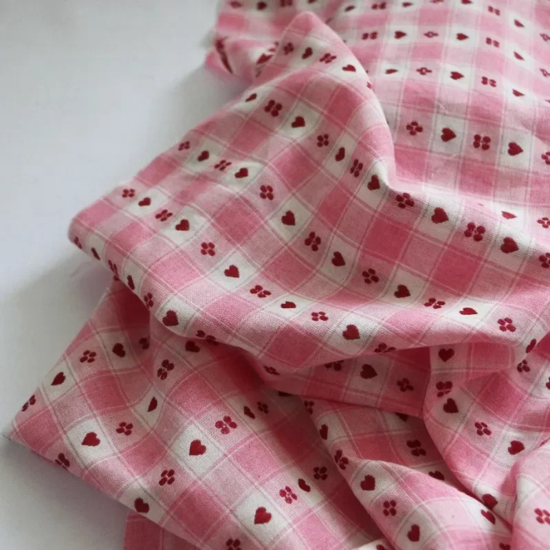 

145x50cm Pink White Plaids Fabric, Love Heart Yarn-Dyed Jacquard Cotton Shirt Dress DIY Sewing Cloth