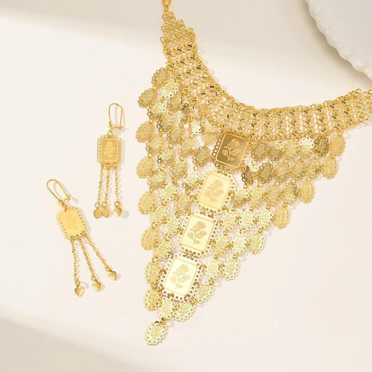 

9999 gold hollow necklace and earrings set - laser engraved rose pattern - bridal wedding jewelry set