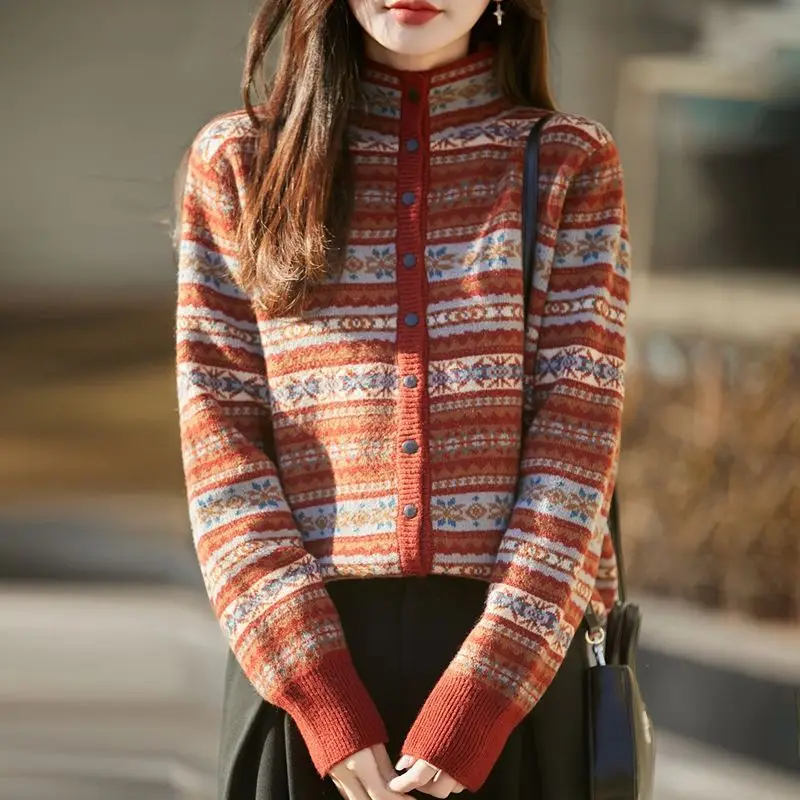 Sheep wool semi-turtleneck retro jacquard autumn and winter loose sweater long sleeve knitted cardigan women 4