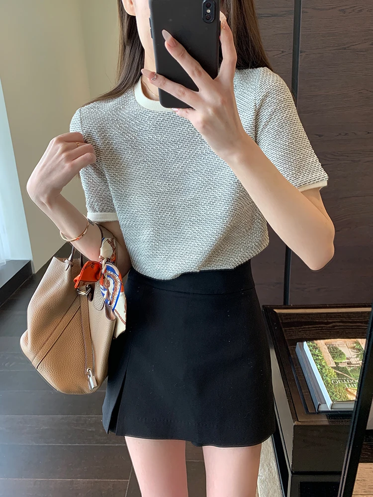 

AMR UU Imported Color Woven Shiny Gold Thread Loose round Neck Short Sleeve Women's T-shirt Spring Summer New Style Casual Co...
