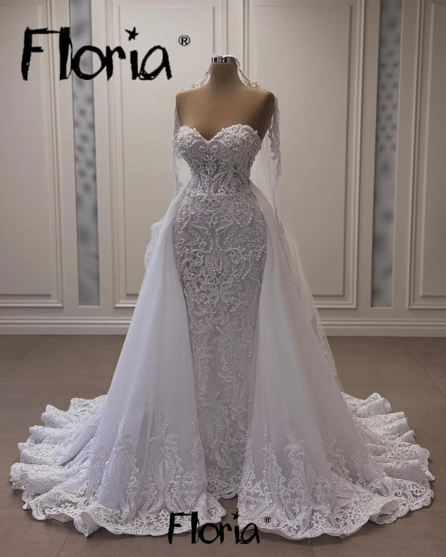 Afryka białe perły koronkowa suknia ślubna dostosowana do indywidualnych potrzeb z odpinanym trenem dubaj bez ramiączek suknie ślubne syrenka Robe de Mariée 2025