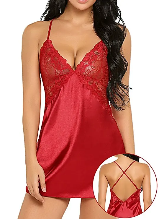 Sexy Backless Pajamas Suspender skirt for Women Lingerie Nightwear Satin Sleepwear Lace Chemise Mini Teddy Babydoll Negligee