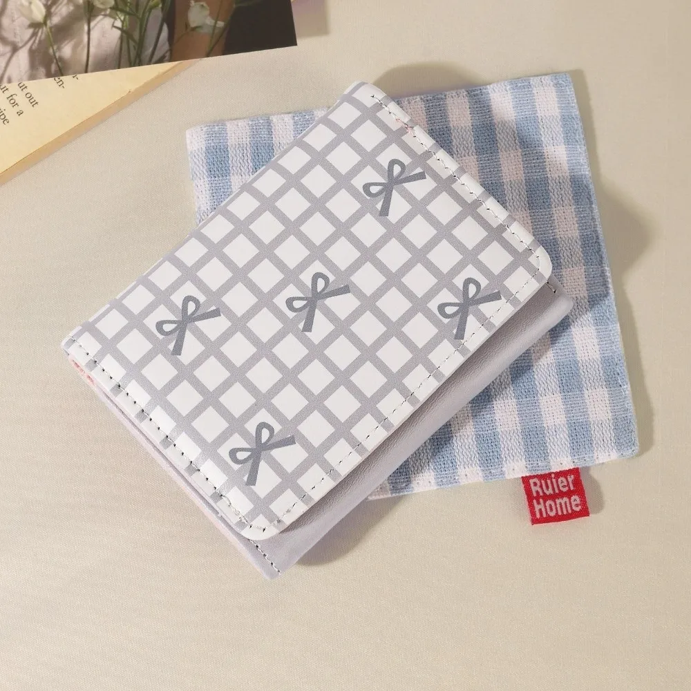 Cute PU Leather Short Wallet Multi Card Slot Foldable Coin Purse Grid Bow Print Card Holder