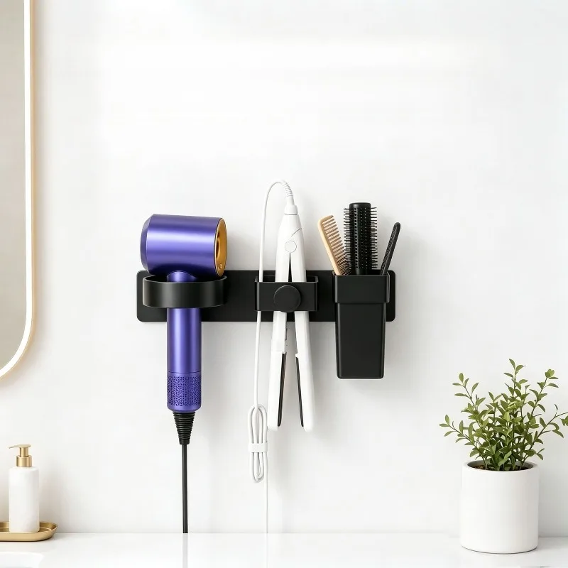 Wall Mounted Hair Dryer Holder, Bathroom Organizer with Dedicated Dryer Cradle And Multiple Styling Tool Compartments
