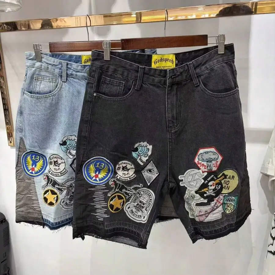 Y2K Biker Distressed Denim Shorts With Multi Patch Embroidery Frayed Hem Loose Straight Fit
