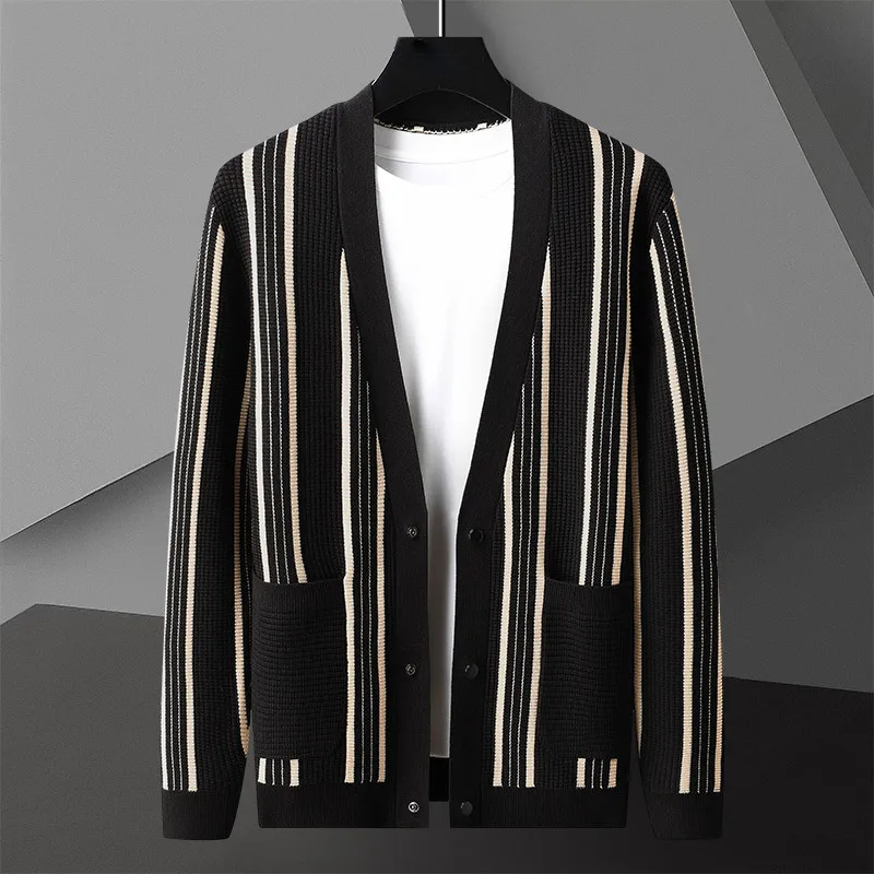 Fashion Knit Striped Cardigan Jacket  Men Korean Cardigan Coat Fall Designer Color Contrast Cardigan Men Long Coat Mens Sweaters