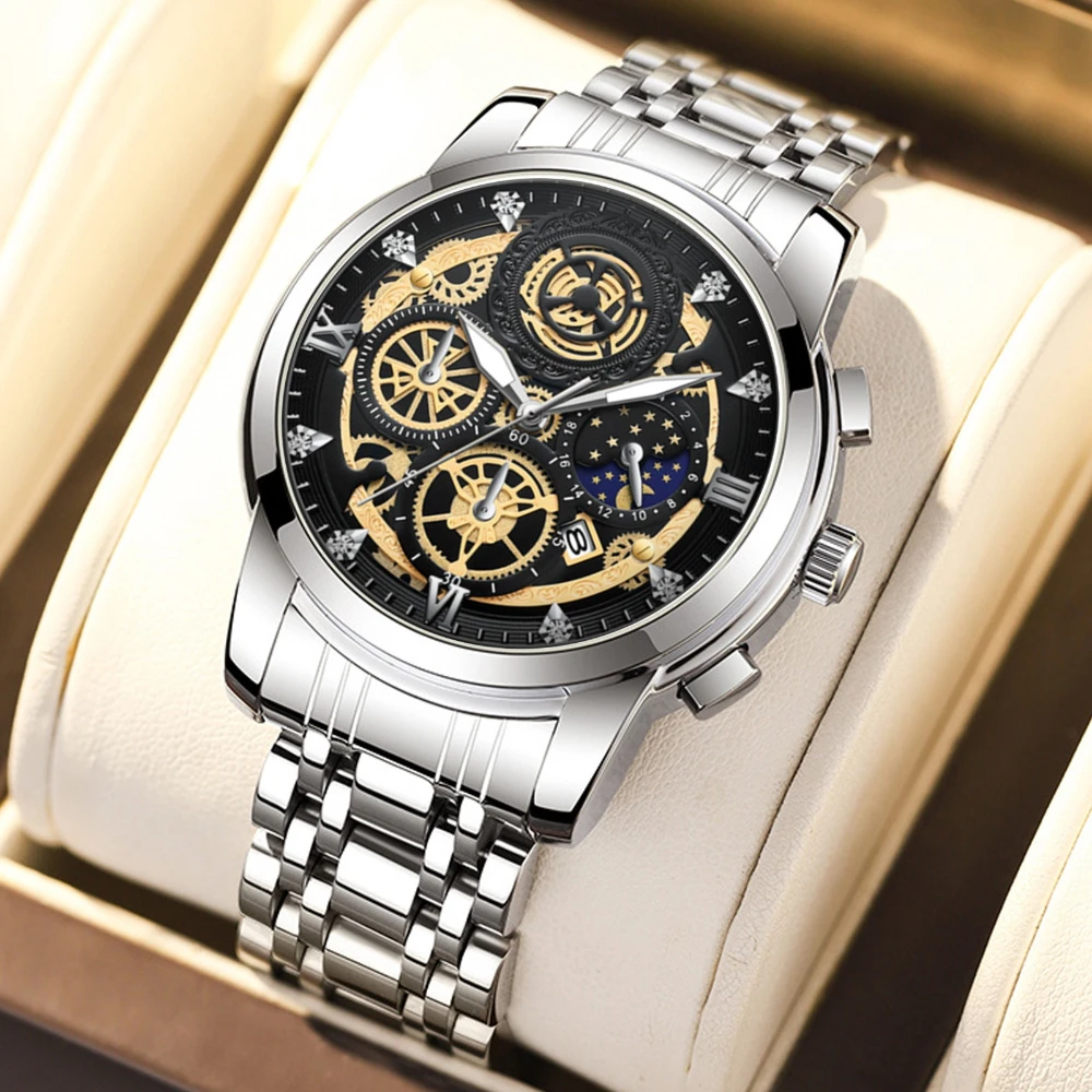 

VA VA VOOM 2452 Хронограф Moonphase Модные роскошные часы Многофункциональный календарь Водонепроницаемые светящиеся часы для мужчин Relogio