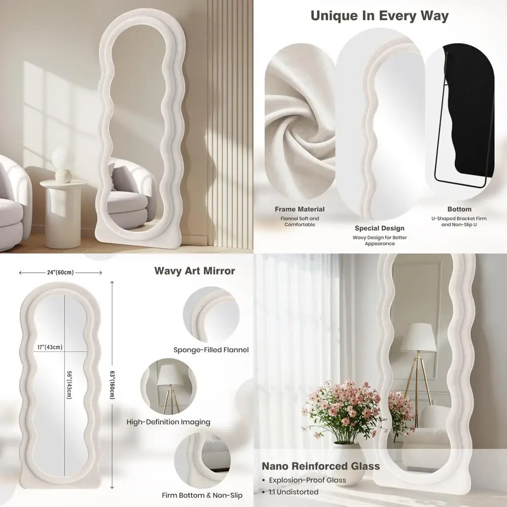 مرآة حائط مقوسة مموجة لكامل الجسم مقاس 63 × 24 إطار من الفلانيل العاجي، مرآة حائط معلقة على الأرض #1