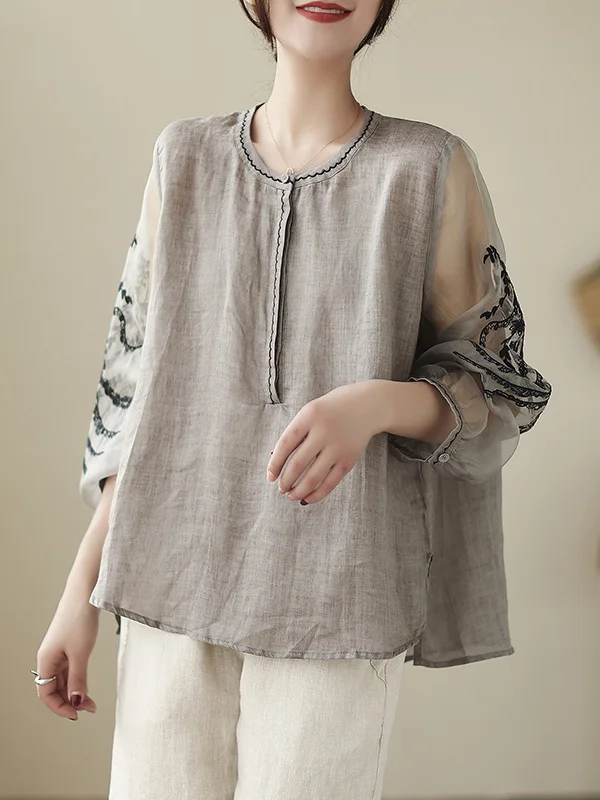 

Женский летний льняной топ свободного покроя, тонкий длинный све, круглая футболка с вышивкой, модный утягивающий топ Me в стиле пэчворк