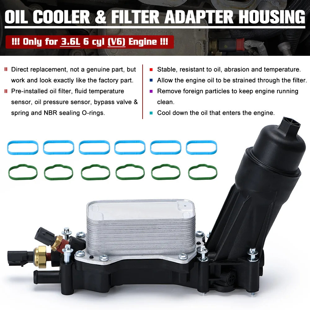 Engine Oil Cooler & Filter Housing Adapter Kit With Sensors Gaskets For Jeep Dodge Chrysler 14-17 3.6L V6 68105583AF Aluminum