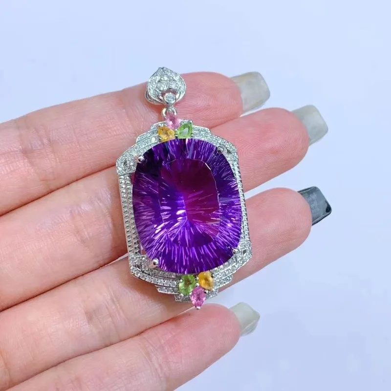 SACE GEMS New S925 Sterling Silver 20*25MM Natual Amethyst Pendant Necklaces for Womne Engagement Cocktail Party Fine Jewelry