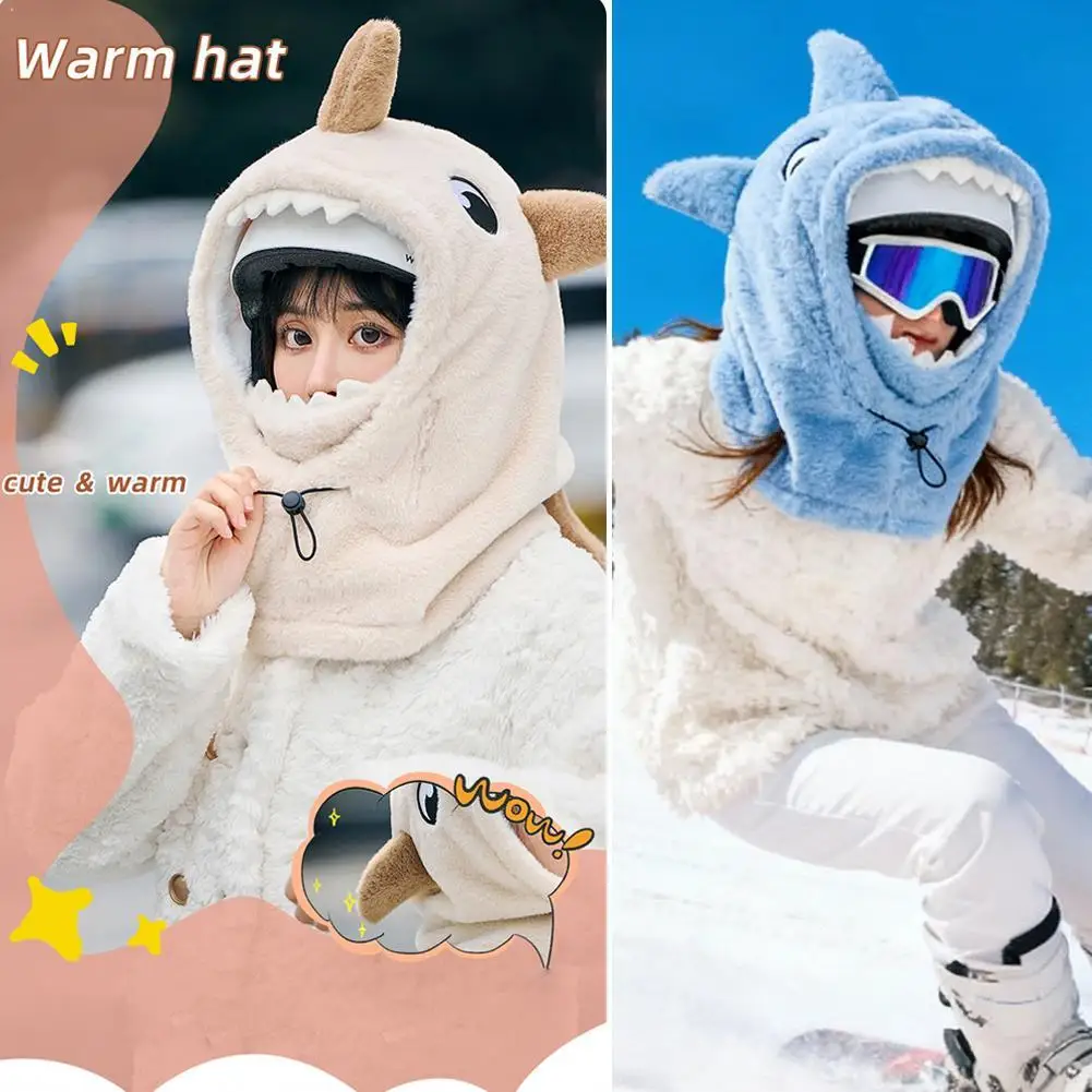 

Cartoon Shark Ski Helmet Cover With Mask Winter Warm Comfortable Soft Casual Shark Hat Ear Protection Helmet Cover Neck Warmer
