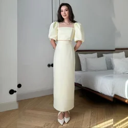 Customized Straight Backless Prom Gowns Tea-Length Square Neck Evening Dresses Simple Front Slit Party Dresses